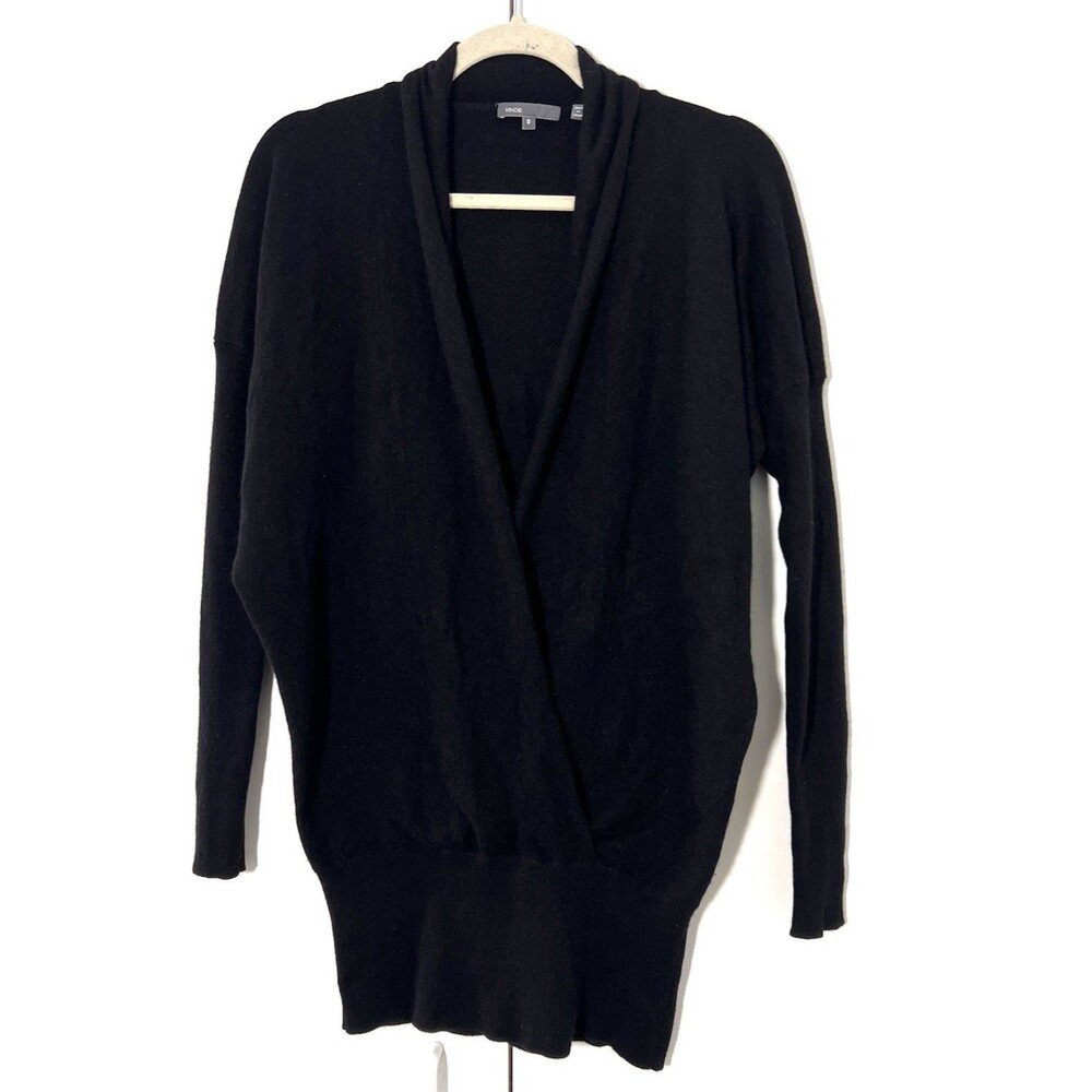 Vince Sweater Women's S Black 100% Cashmere Faux Wrap Dolman Sleeve Deep V Neck